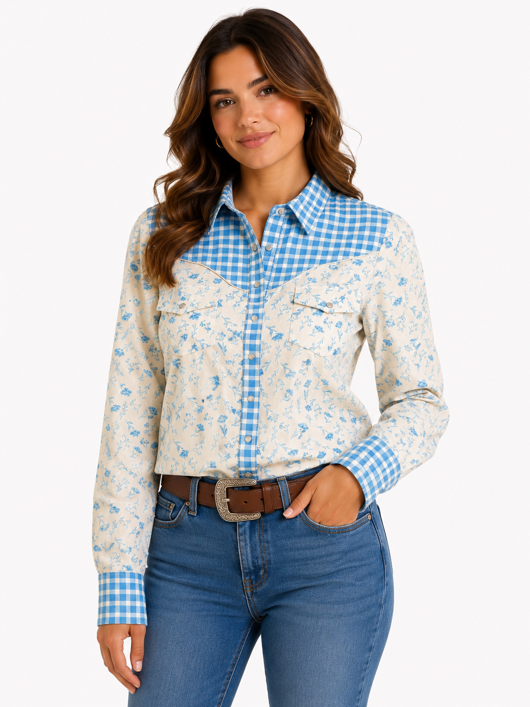 Pearl Snap, Blue Gingham  Floral HH2709 (Pack OF 7)