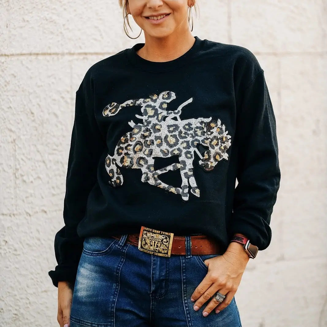 HH18000 LEOPARD SEQUIN BRONC BLACK SWEATSHIRT