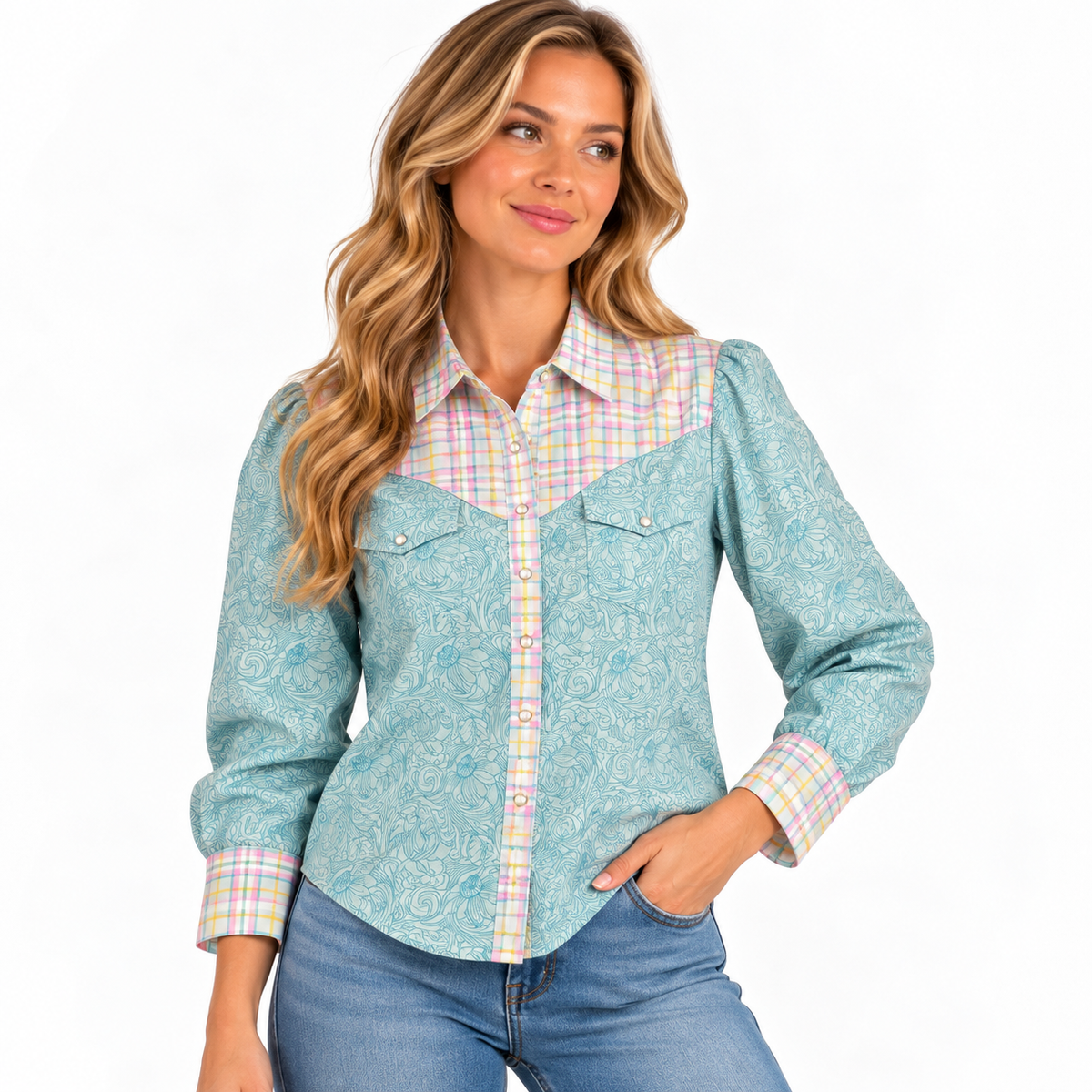 HH2709 Cotton Candy Plaid Turquoise Tooled Floral (Pack of 7)