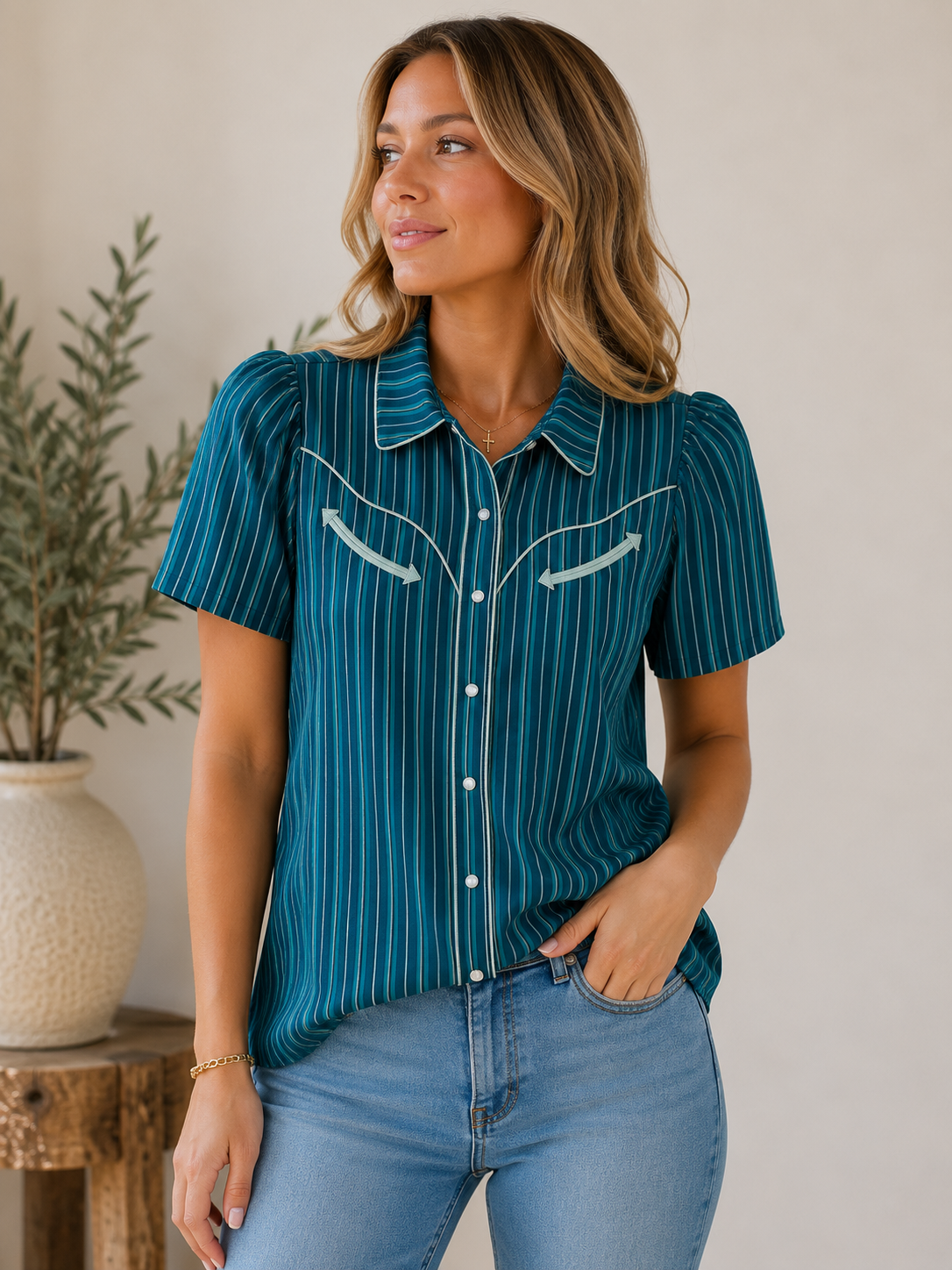Pearl Snap, Teal Stripe Short Sleeve HH2707 (Pack of 7)