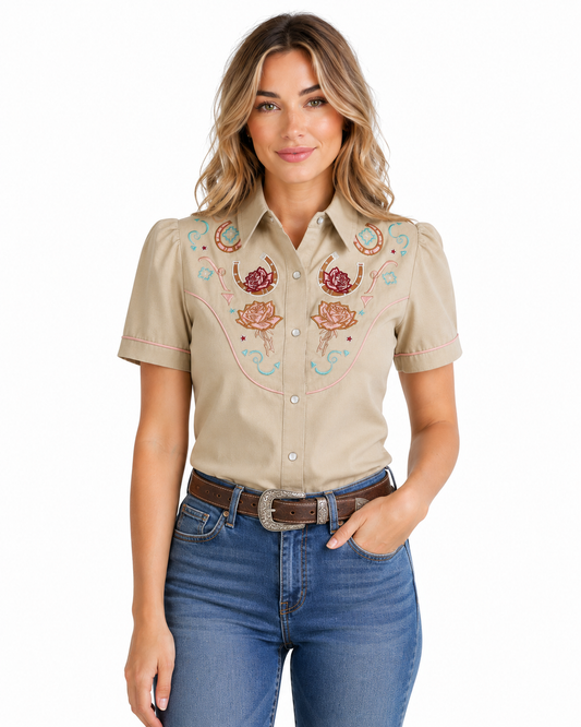 Pearl Snap, Tan Burgandy Rose SS Chambray HH2737(Pack of 7)
