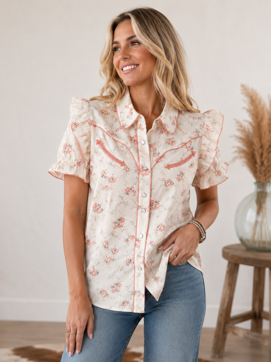 Pearl Snap, Coral Vintage Flower Ruffle SS HH2735(Pack of 7)