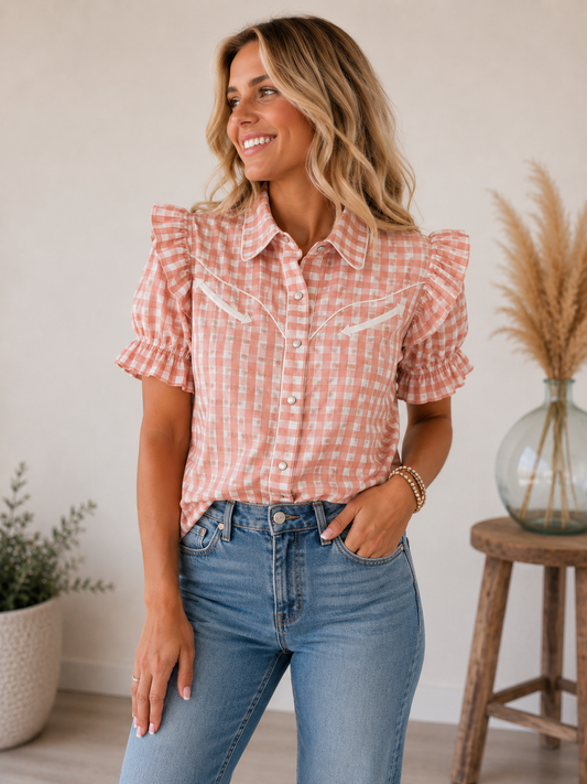 Pearl Snap, Coral Gingham Ruffle SS HH2735(Pack of 7)