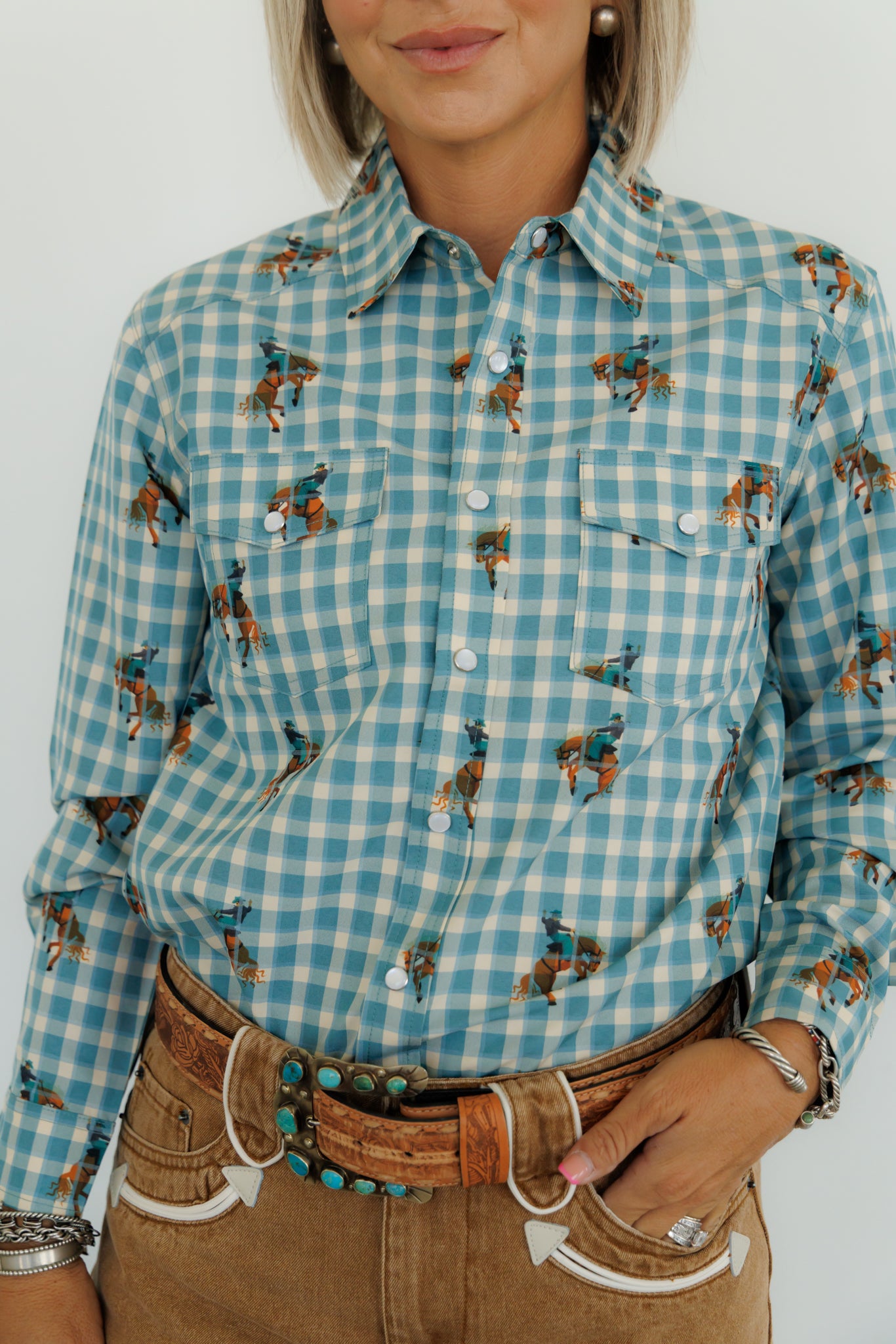 Pearl Snap, Teal Gingham Bucking Horse LS HH11 (Pack OF 7)