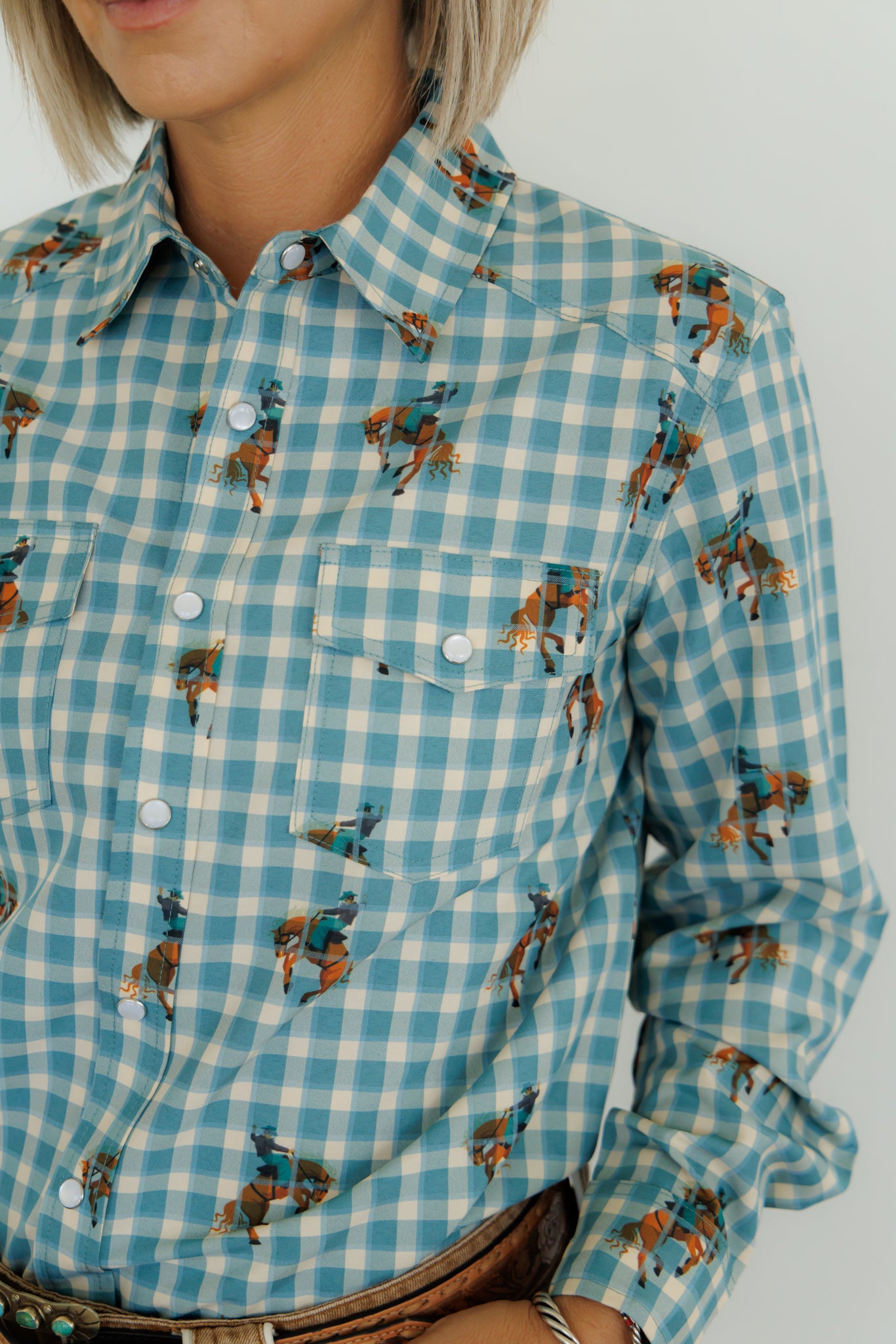 Pearl Snap, Teal Gingham Bucking Horse LS HH11 (Pack OF 7)