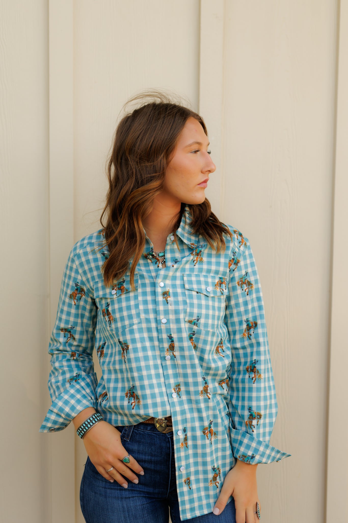 Pearl Snap, Teal Gingham Bucking Horse LS HH11 (Pack OF 7)