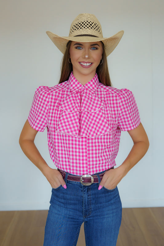 Tie Top,  Pink Gingham Ruffle TIE TOP HH179(Pack of 7)