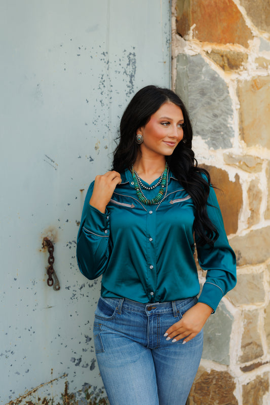 Pearl Snap, Teal Satin LS HH2708 (Pack OF 7)