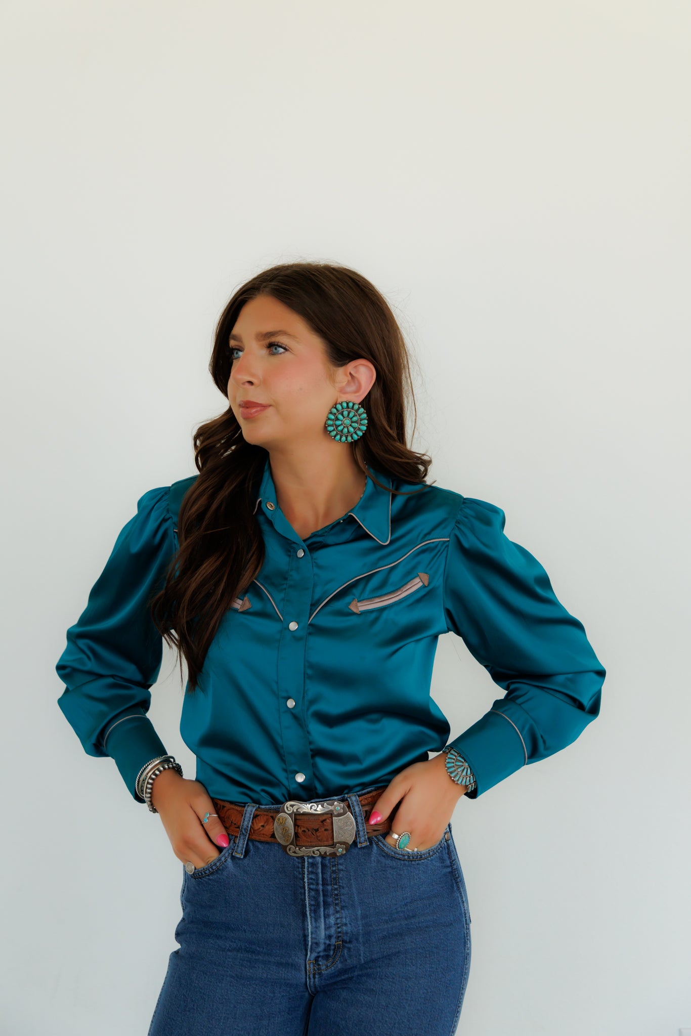 Pearl Snap, Teal Satin LS HH2708 (Pack OF 7)