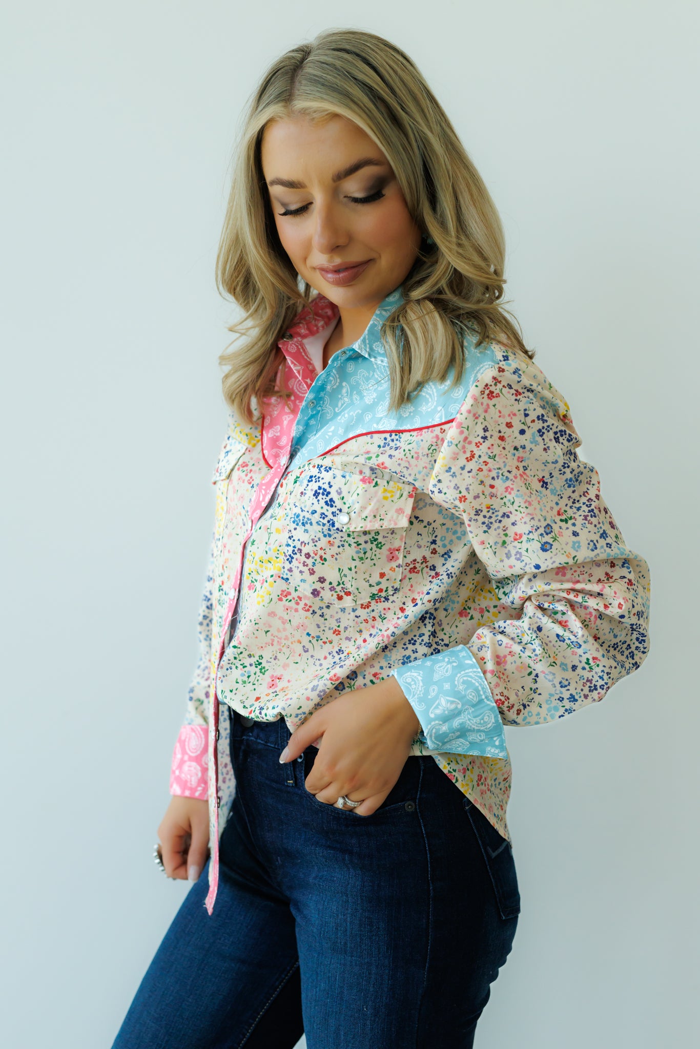 Pearl Snap, Blue PInk Bandana Floral HH2709 (Pack OF 7)