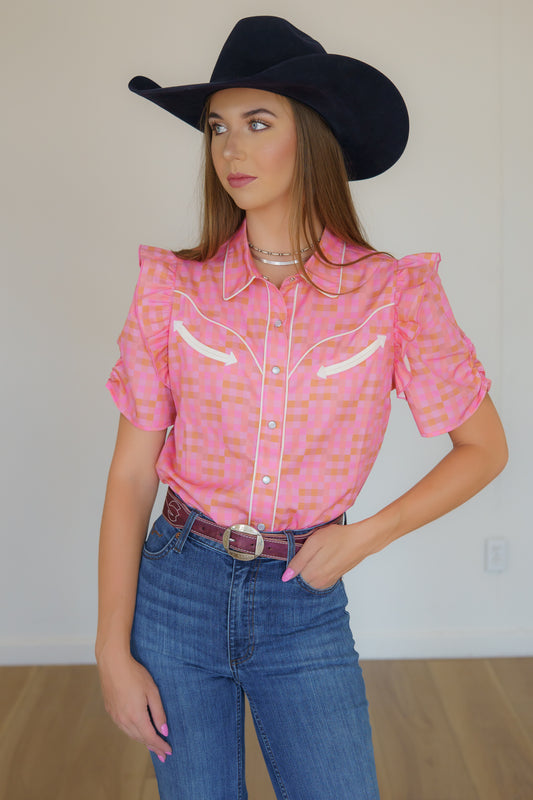 Pearl Snap, PInk Brown Plaid Ruffle SS HH2735(Pack of 7)