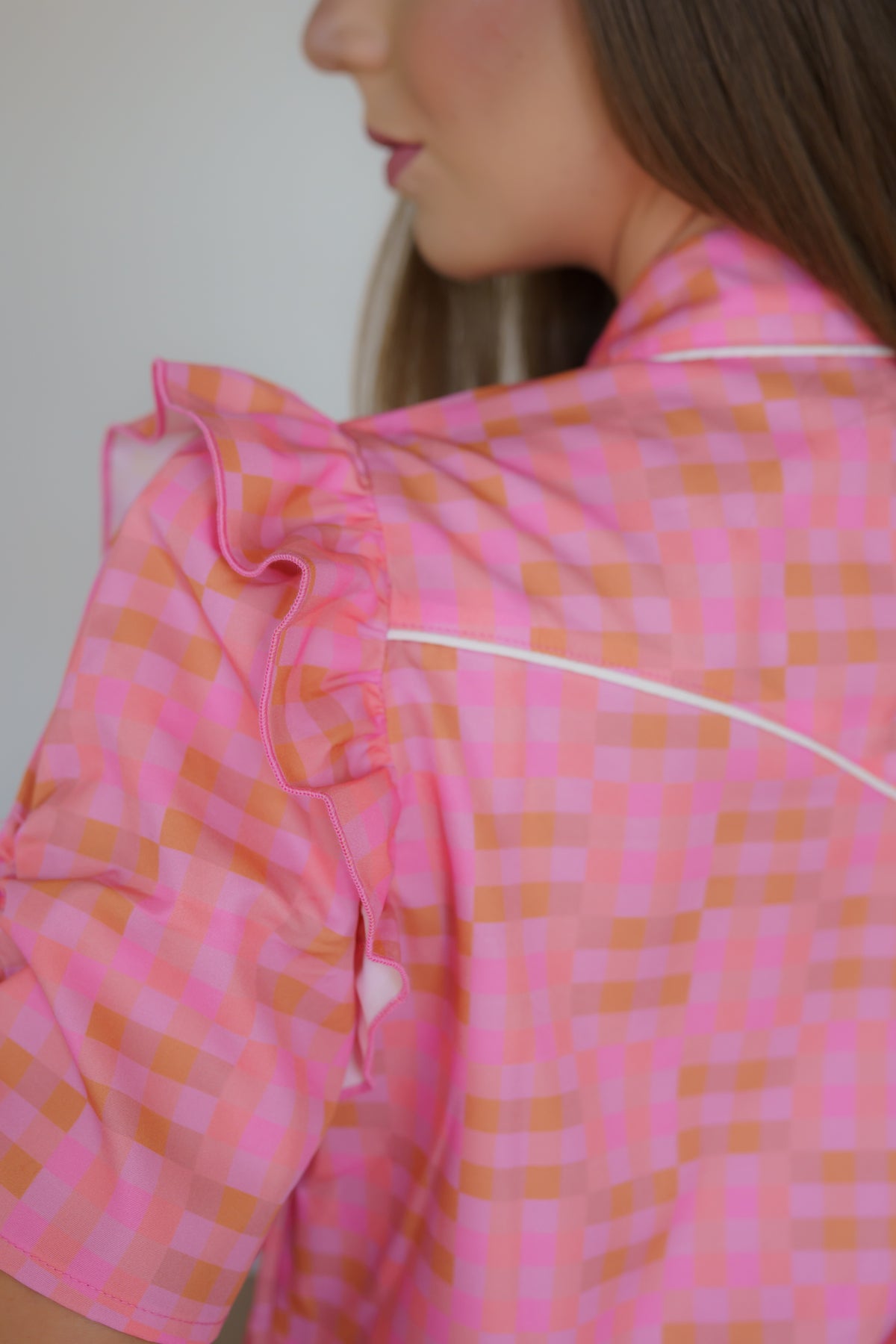Pearl Snap, PInk Brown Plaid Ruffle SS HH2735(Pack of 7)