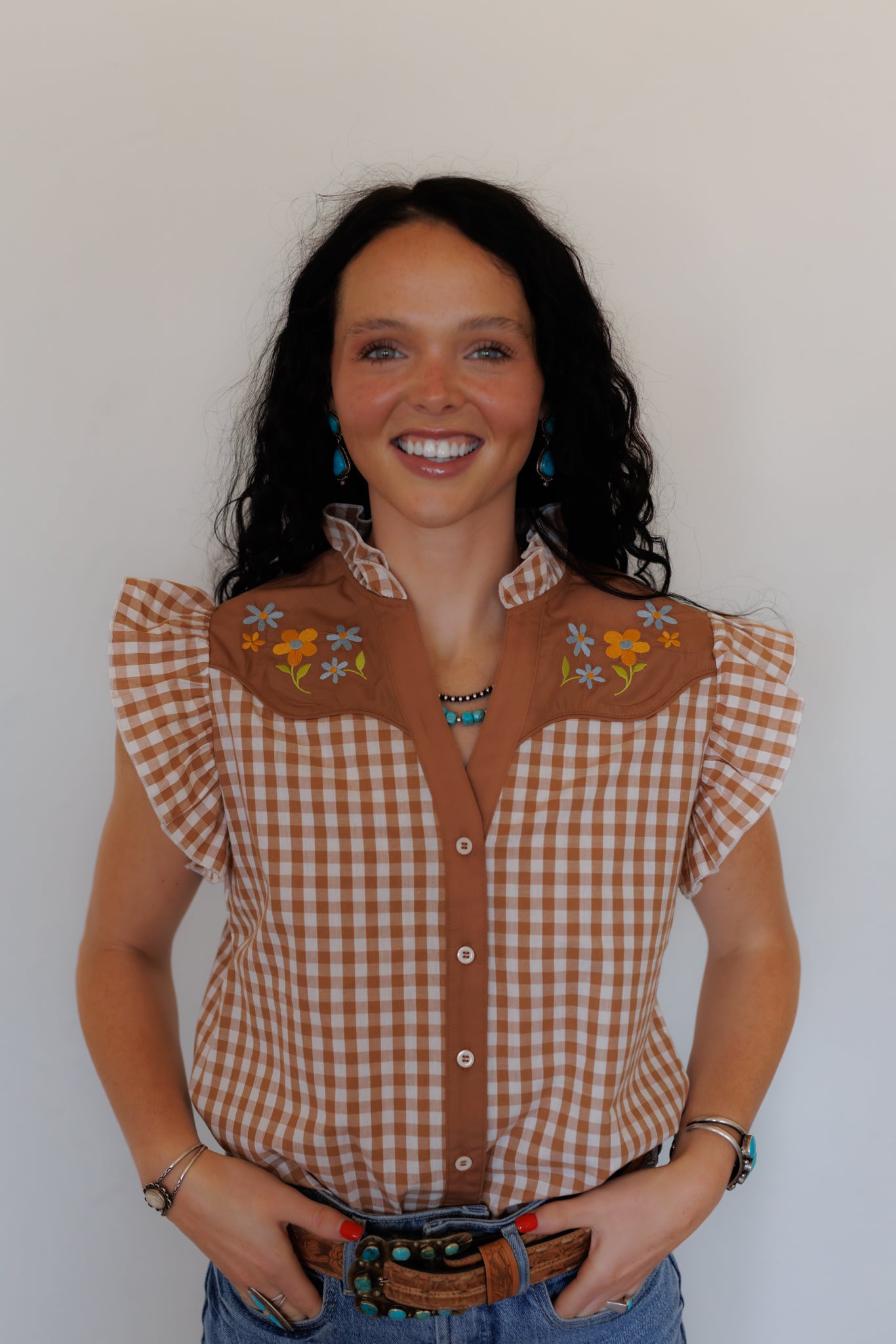 Sleeveless Top, Brown Gingham Flower Embroidery HH2741 (Pack of 7)