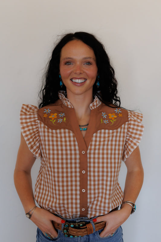 Sleeveless Top, Brown Gingham Flower Embroidery HH2741 (Pack of 7)