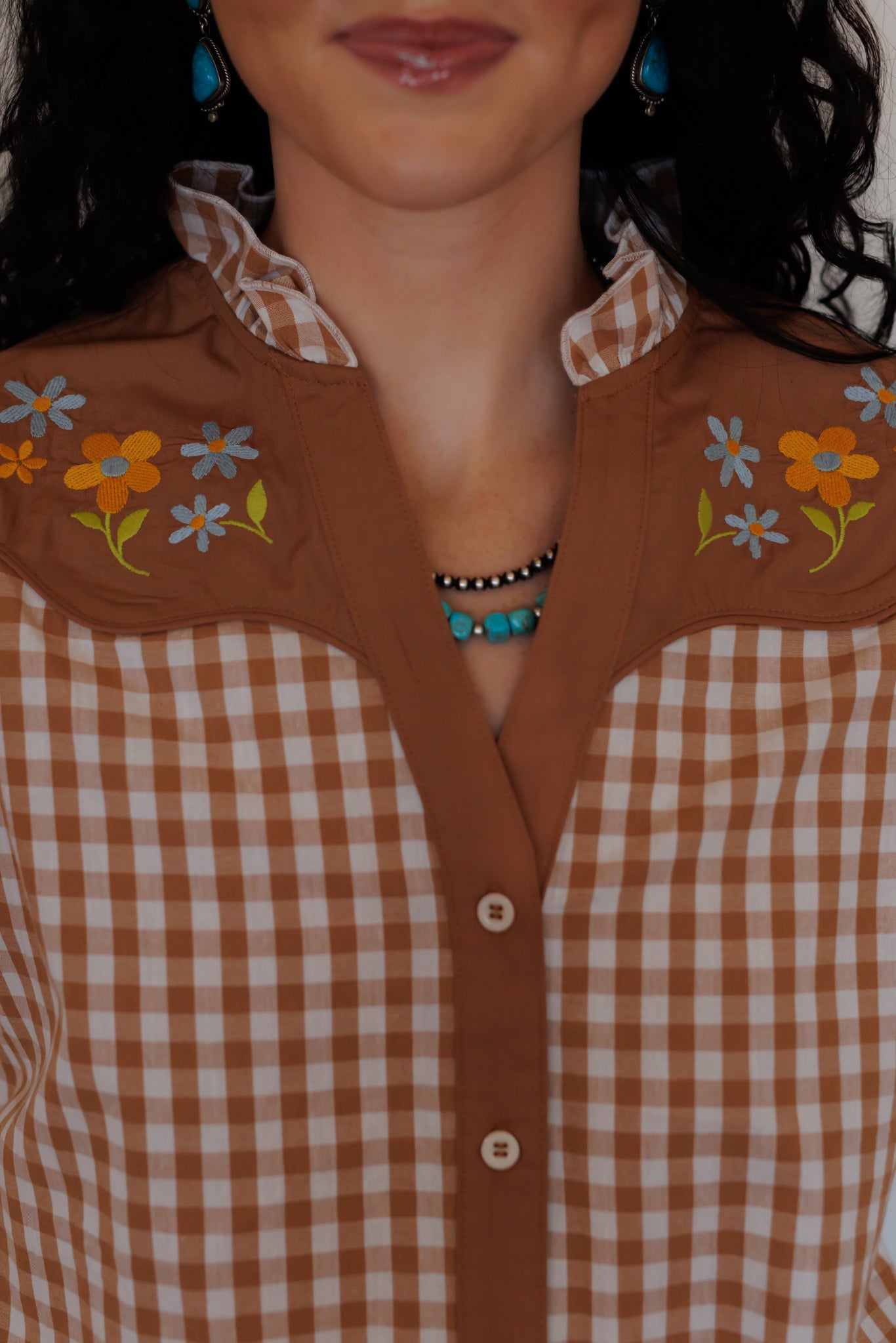 Sleeveless Top, Brown Gingham Flower Embroidery HH2741 (Pack of 7)