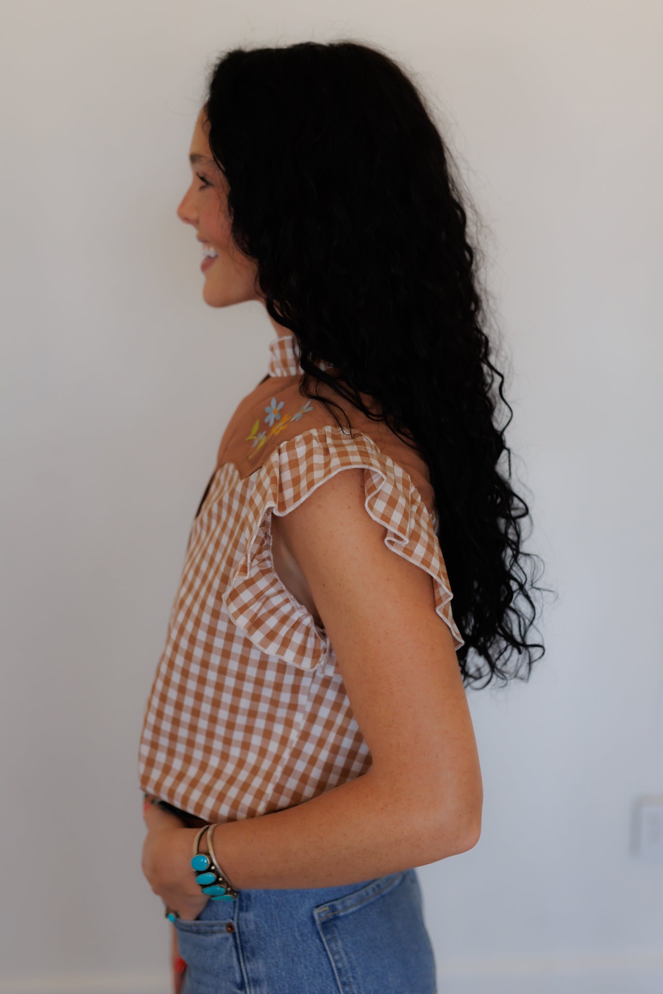 Sleeveless Top, Brown Gingham Flower Embroidery HH2741 (Pack of 7)
