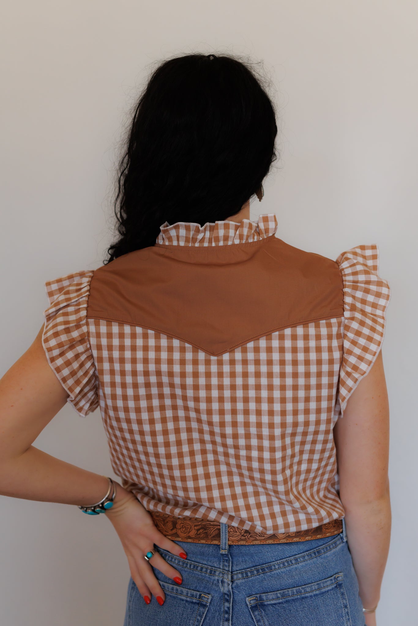 Sleeveless Top, Brown Gingham Flower Embroidery HH2741 (Pack of 7)