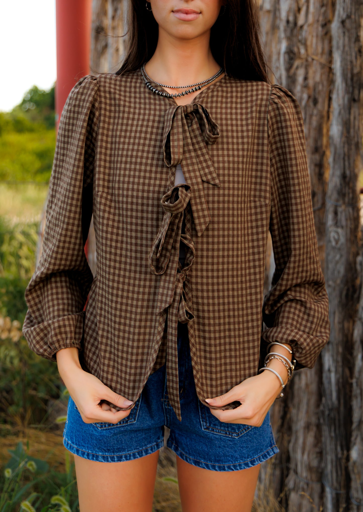 Tie Top, Brown/Tan Gingham HH828(Pack of 7)