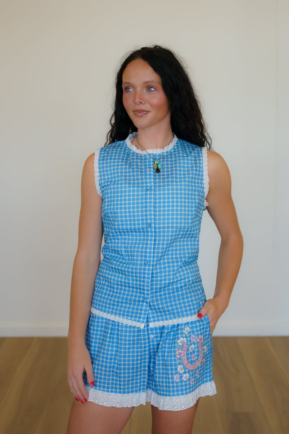 Short Set, Blue Gingham Eyelet HH96 (Pack of 7)