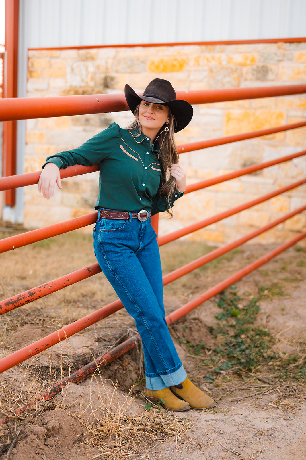 HH2708 GREEN /TAN LS PUFF PEARL SNAP TOP