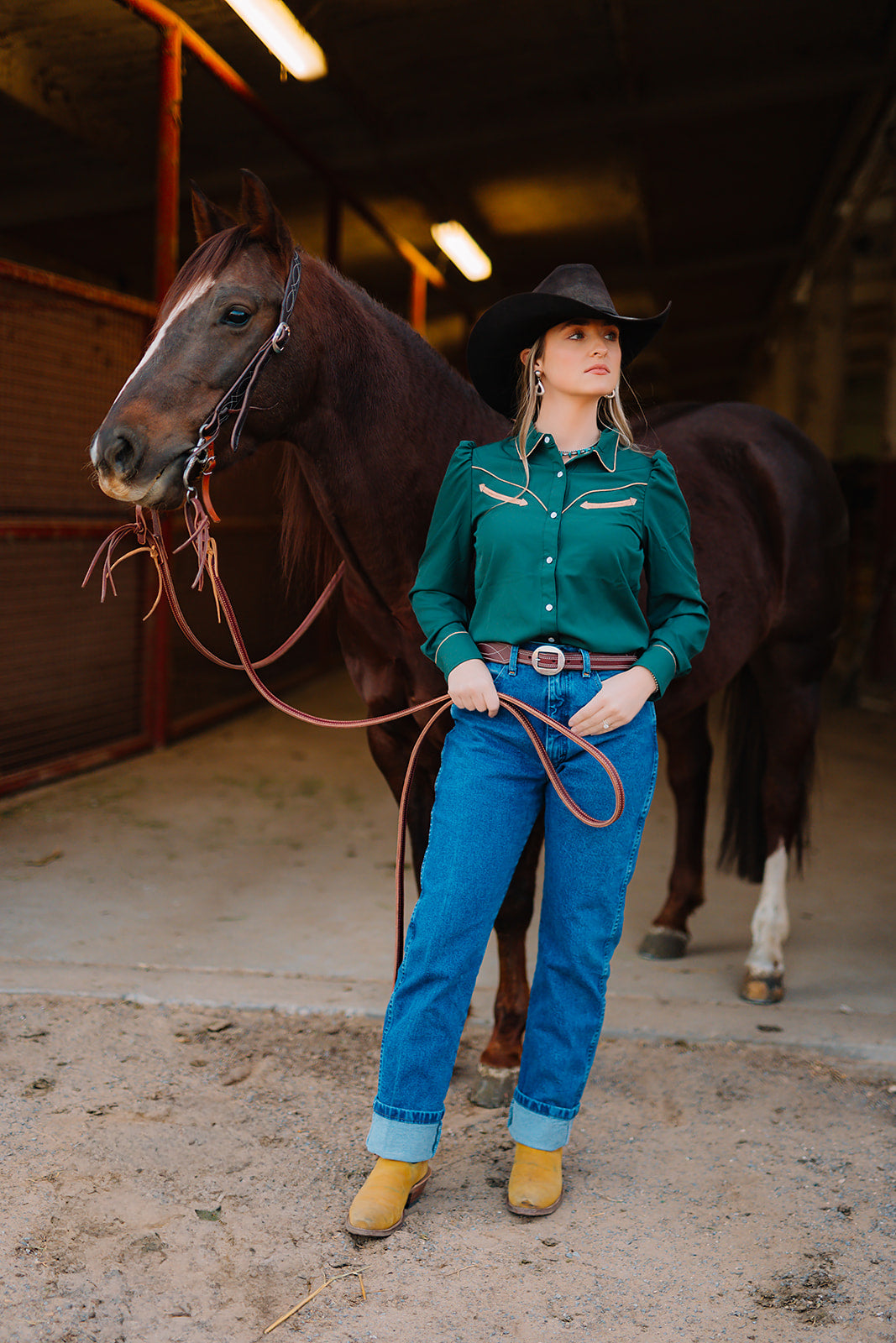 HH2708 GREEN /TAN LS PUFF PEARL SNAP TOP