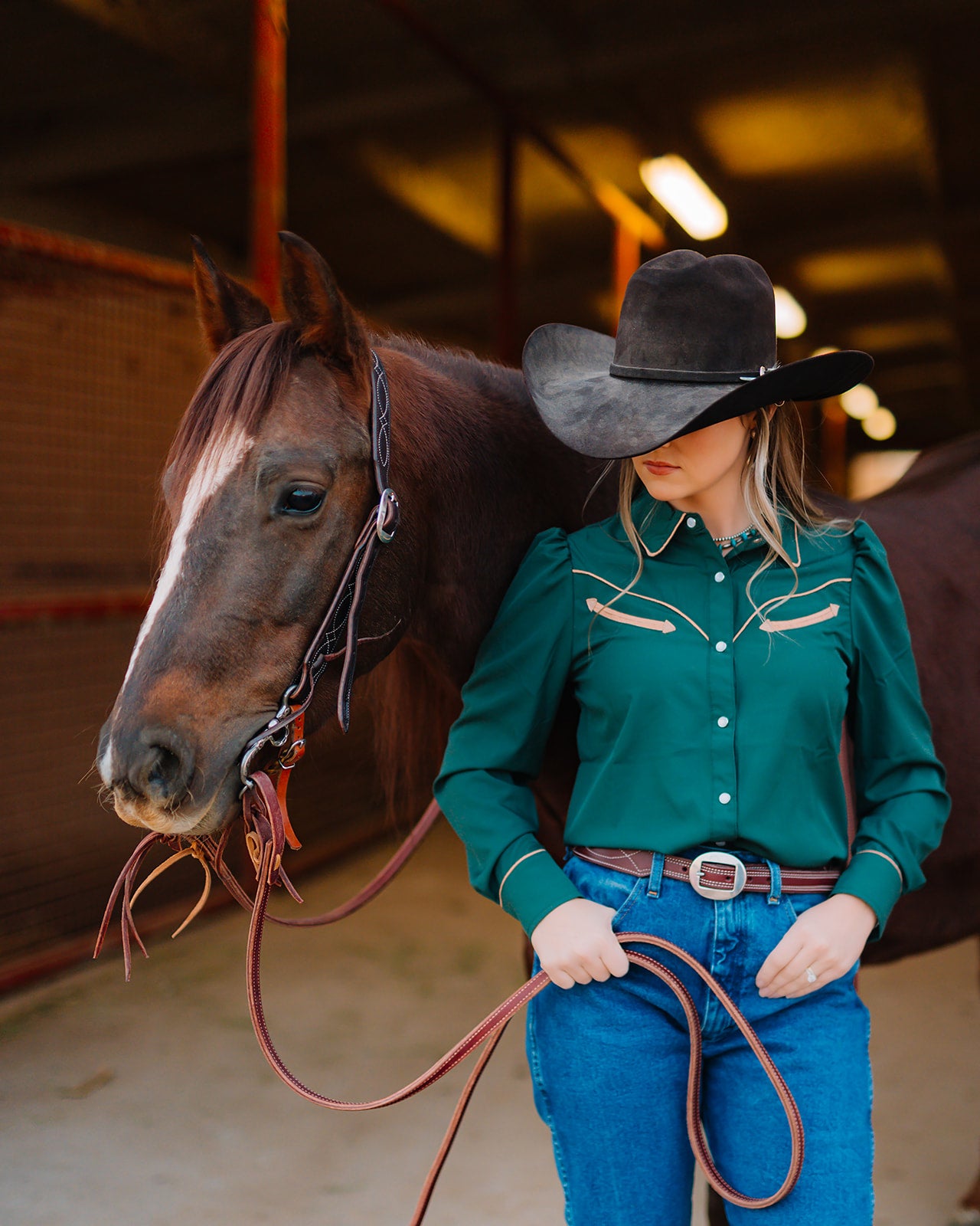 HH2708 GREEN /TAN LS PUFF PEARL SNAP TOP