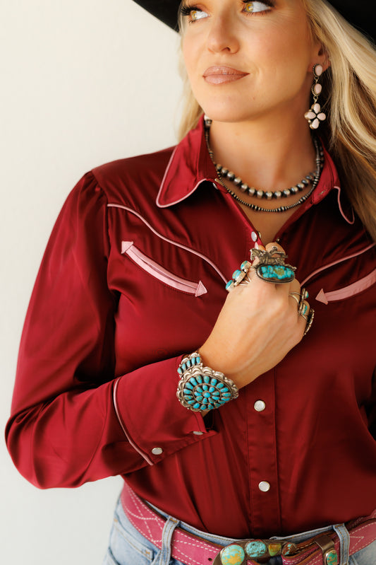 Pearl Snap, Wine/Pink Satin LS HH2708(Pack OF 7)