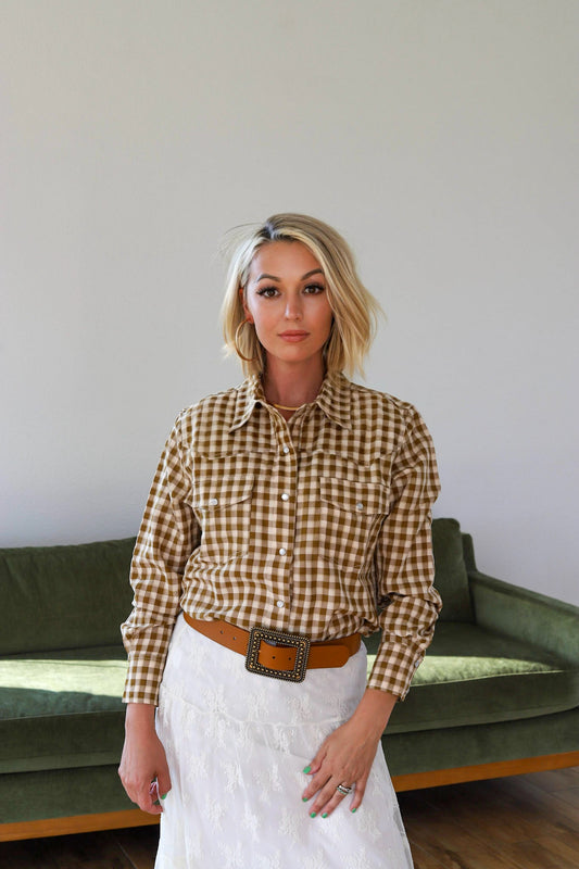 HH11 BROWN GINGHAM LS CUFFED  PEARL SNAP TOP