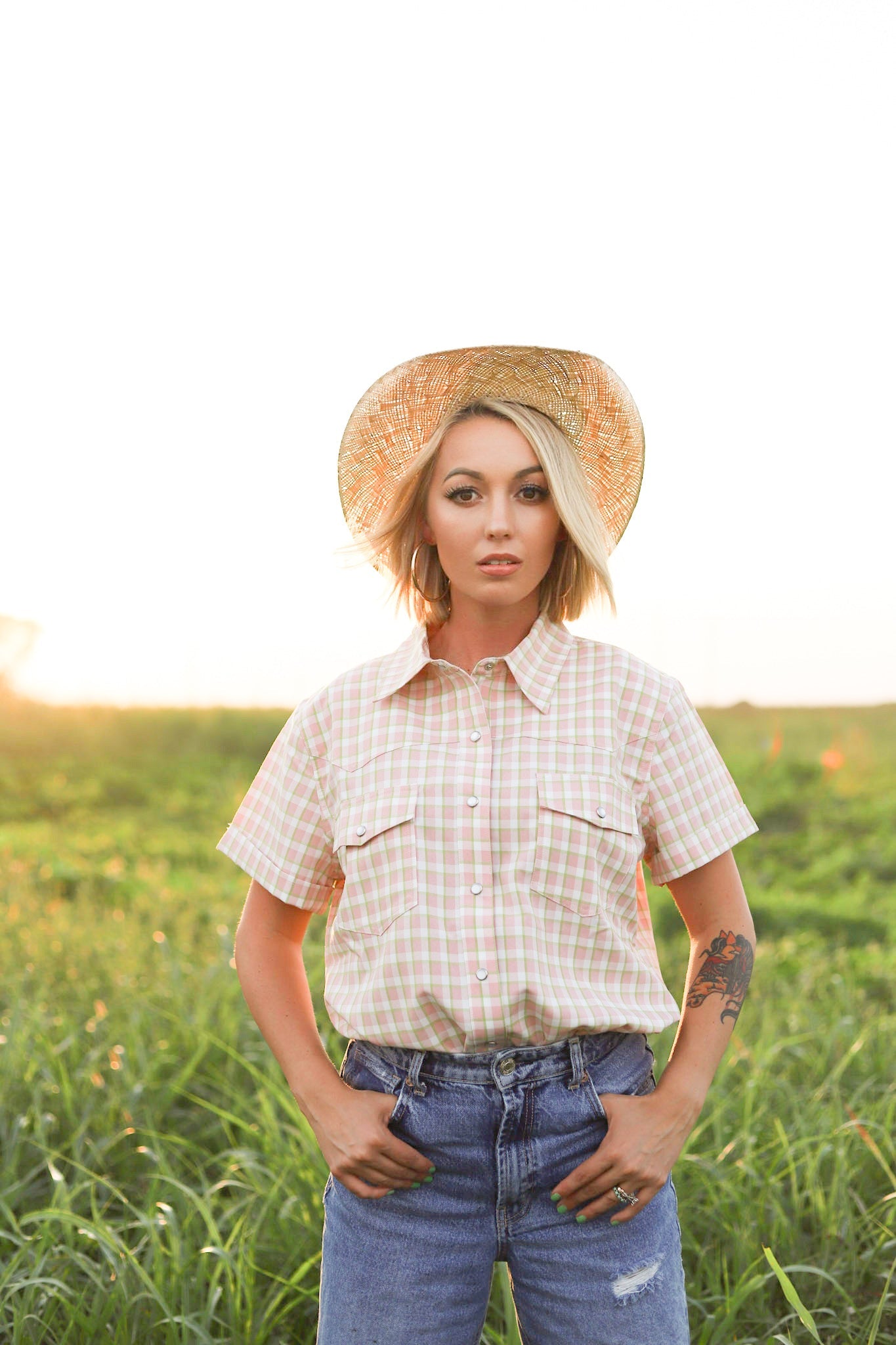 HH10 PINK GREEN GINGHAM CUFFED PEARL SNAP