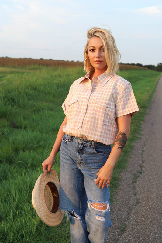 HH10 PINK GREEN GINGHAM CUFFED PEARL SNAP