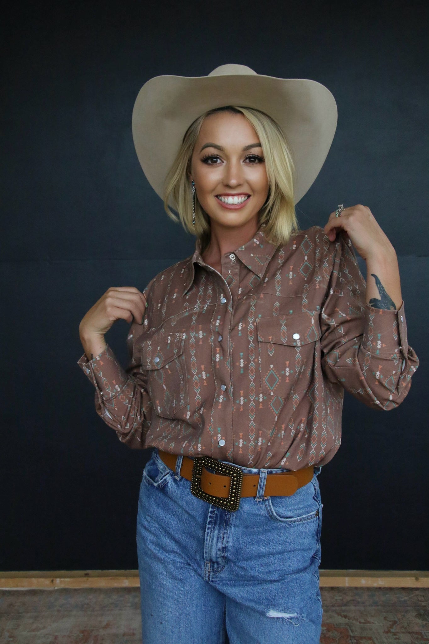 HH11 BROWN AZTEC LS CUFFED  PEARL SNAP TOP