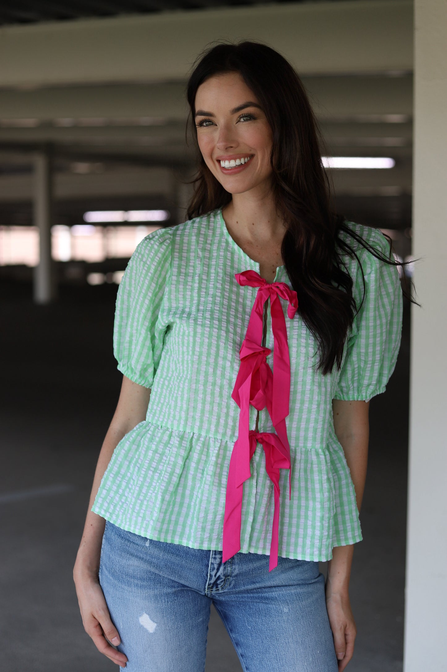 HH402 GREEN GINGHAM TIE RUFFLE TOP