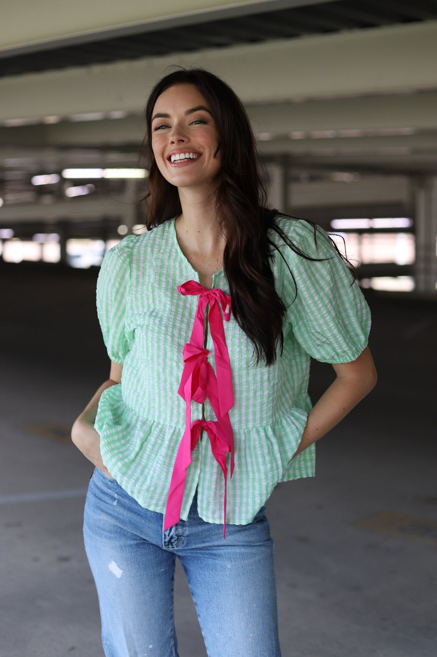 HH402 GREEN GINGHAM TIE RUFFLE TOP