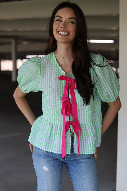 HH402 GREEN GINGHAM TIE RUFFLE TOP
