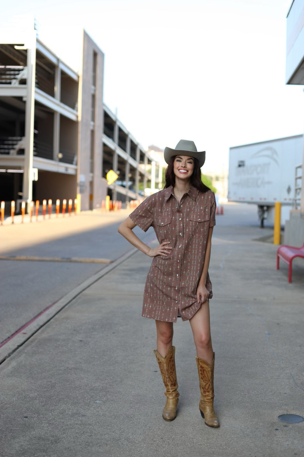 HH12 BROWN AZTEC SNAP SHORT SLEEVE DRESS