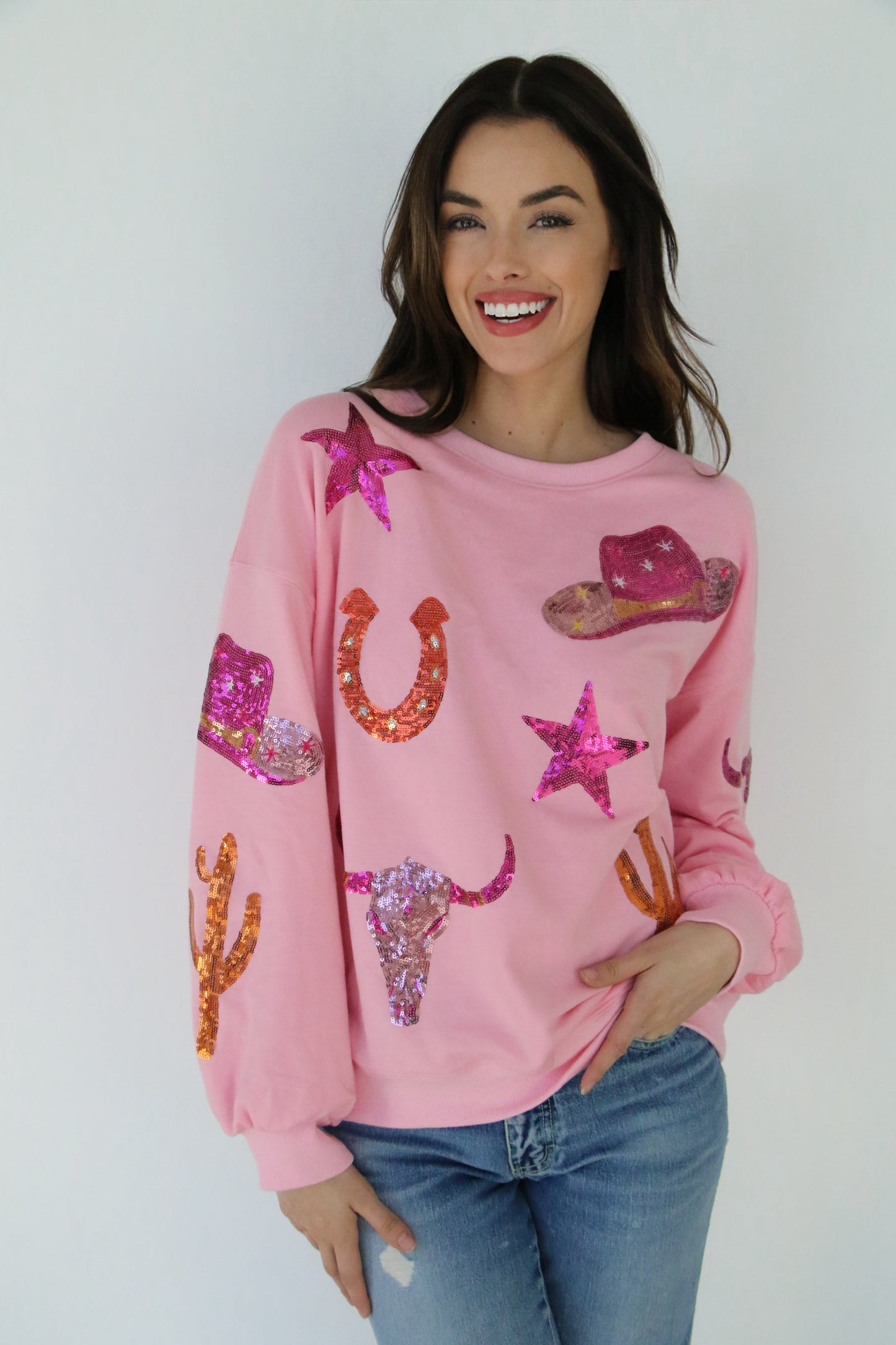 HH1063 COWBOY THINGS PINK SEQUIN PATCH SWEATSHIRT