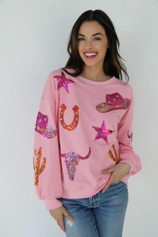 HH1063 COWBOY THINGS PINK SEQUIN PATCH SWEATSHIRT