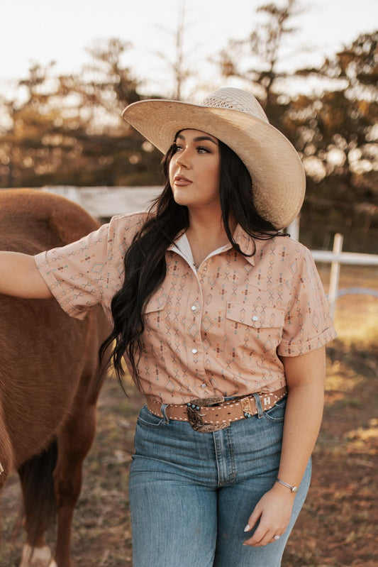 HH10 TAN AZTEC SS CUFFED PEARLS SNAP