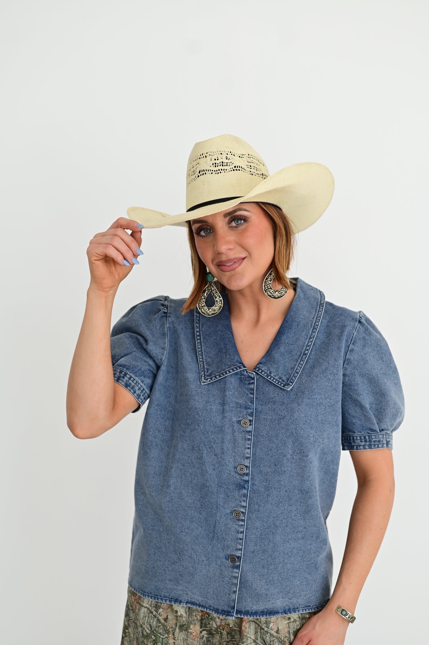 HH3024 DENIM PUFF SHORT SLEEVE BLOUSE