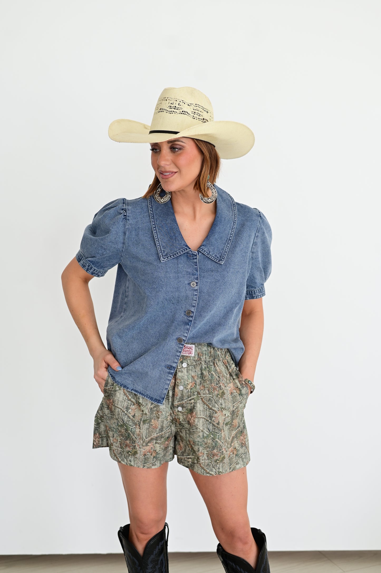 HH3024 DENIM PUFF SHORT SLEEVE BLOUSE