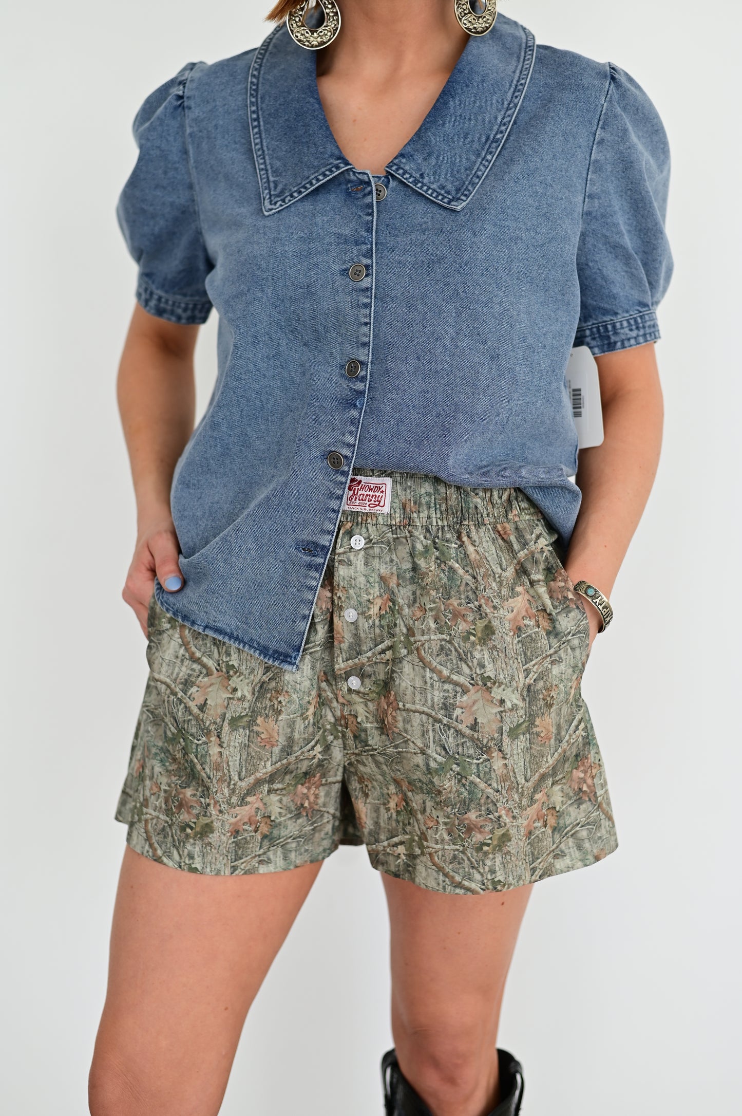HH3024 DENIM PUFF SHORT SLEEVE BLOUSE