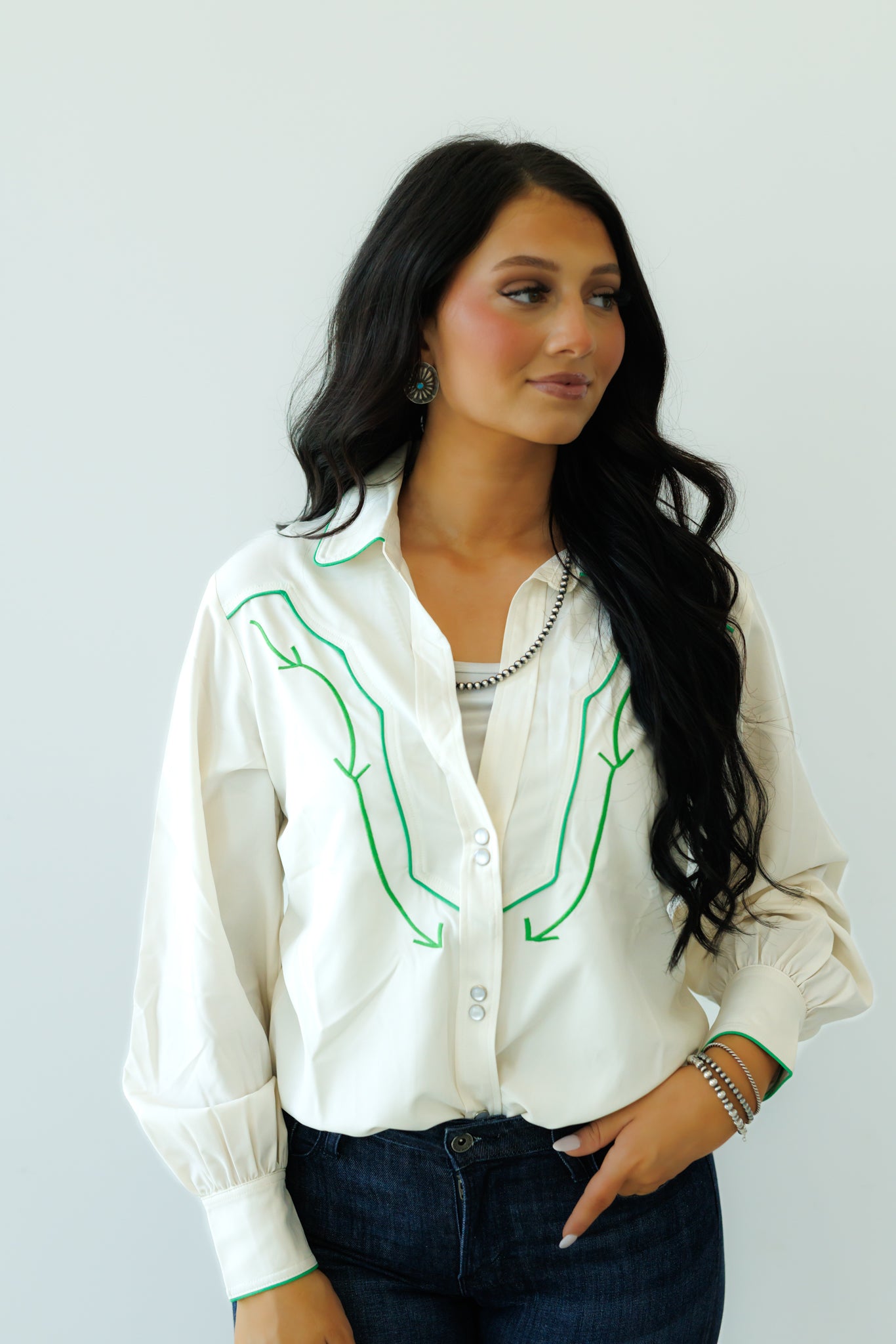 Pearl Snap, Ivory/Greeen Arrow LS HH2715 (Pack OF 7)