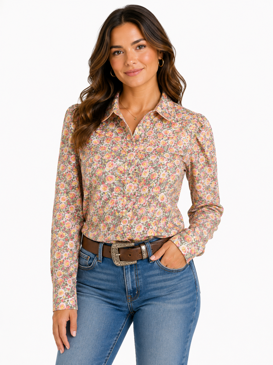 Pearl Snap, Peach Brown Floral LS HH2725 (Pack of 7)