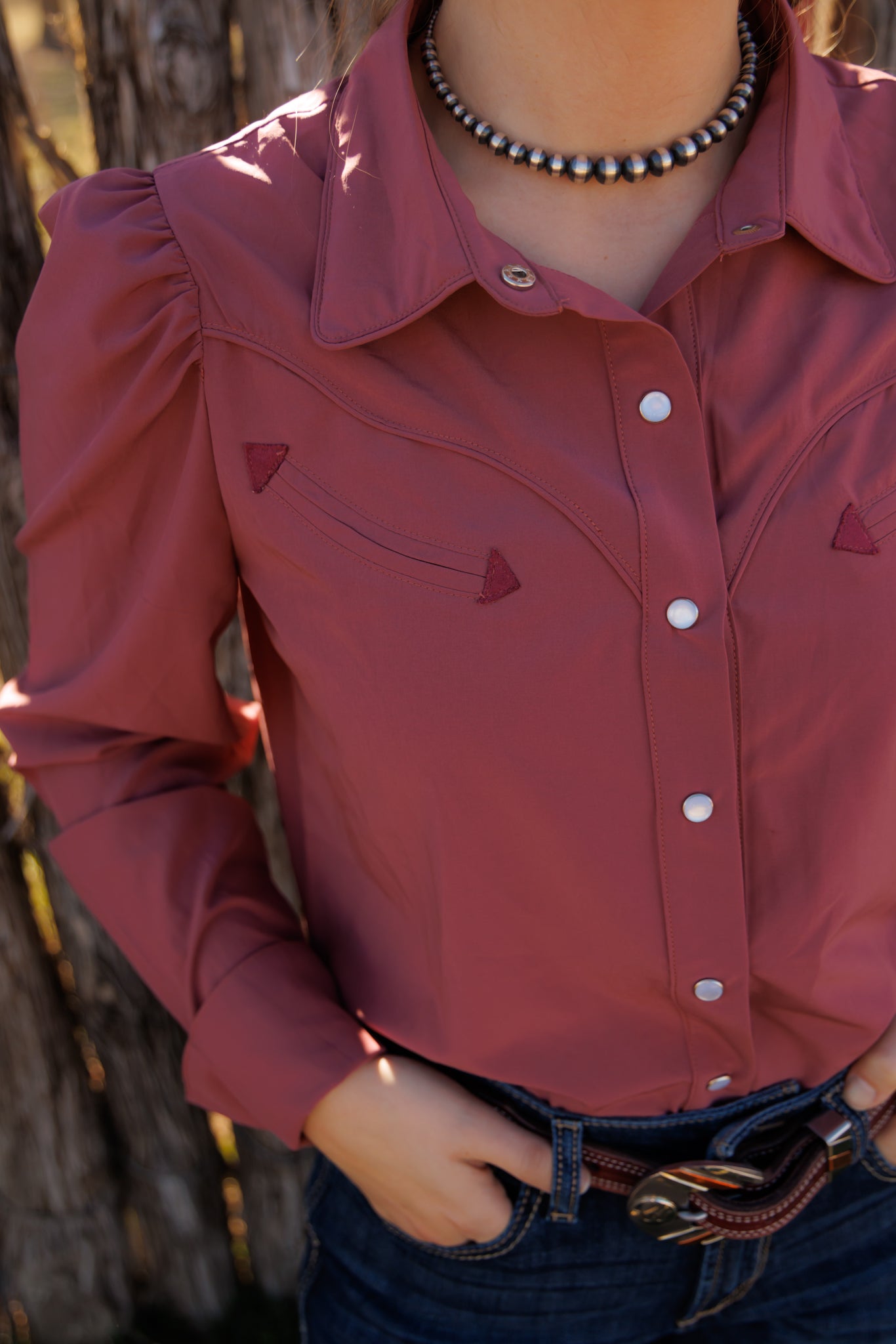 HH2710-WW WINE WATER WICKING PUFF SLEEVE PEARL SNAP