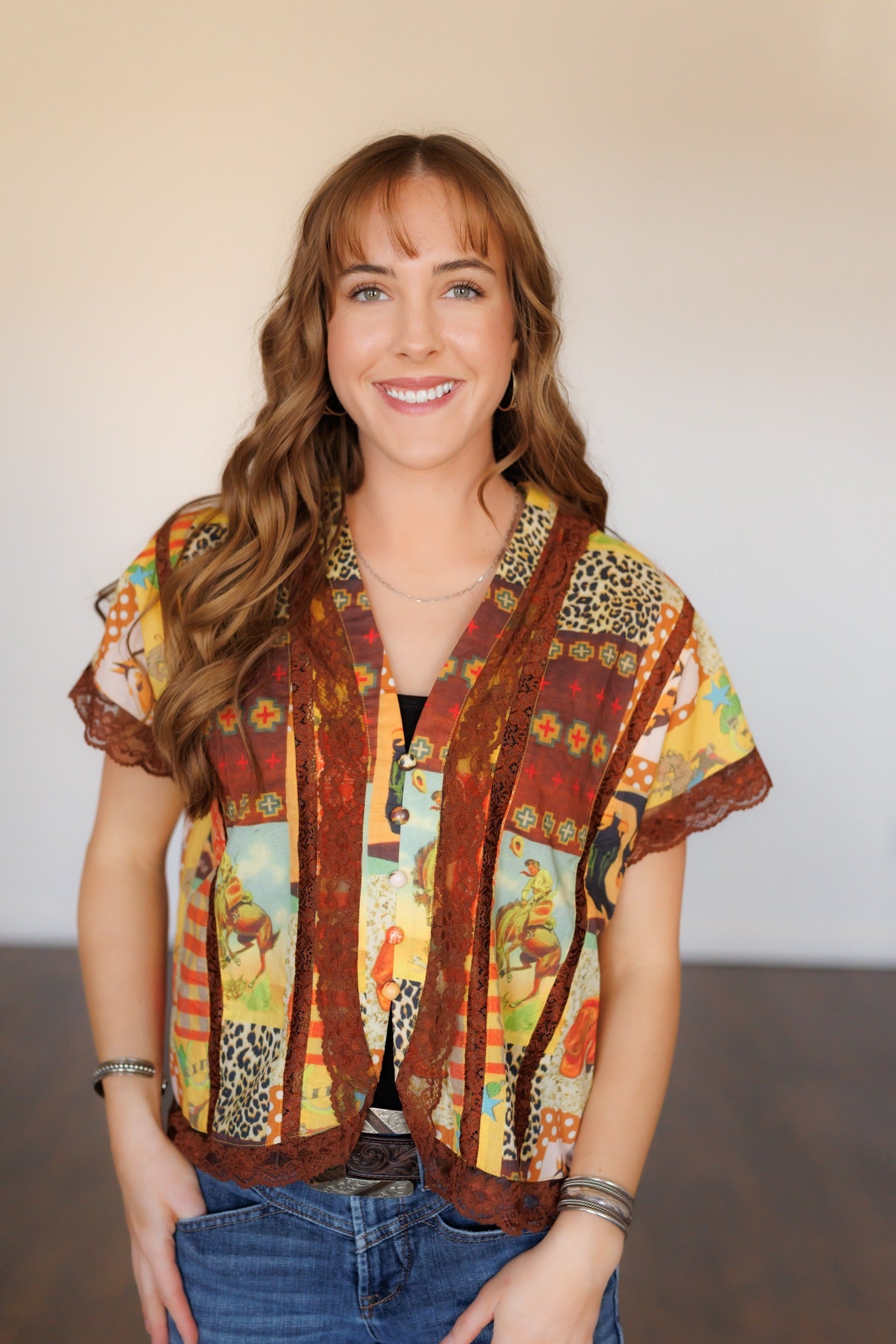 Top, Cowboy Collage Patchwork Lace Top HH2760 (PACK of 7)