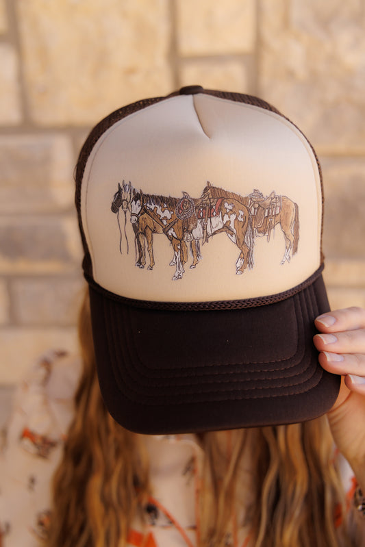 IS HH5401 HORSIN AROUND TRUCKER HAT - BROWN/ TAN