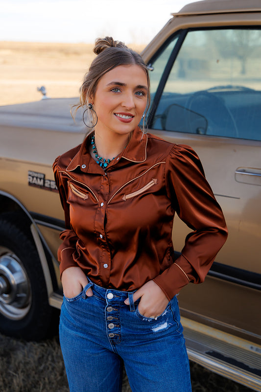 HH2708 BROWN/ CHAMPANGE SATIN  LS PUFF PEARL SNAP TOP