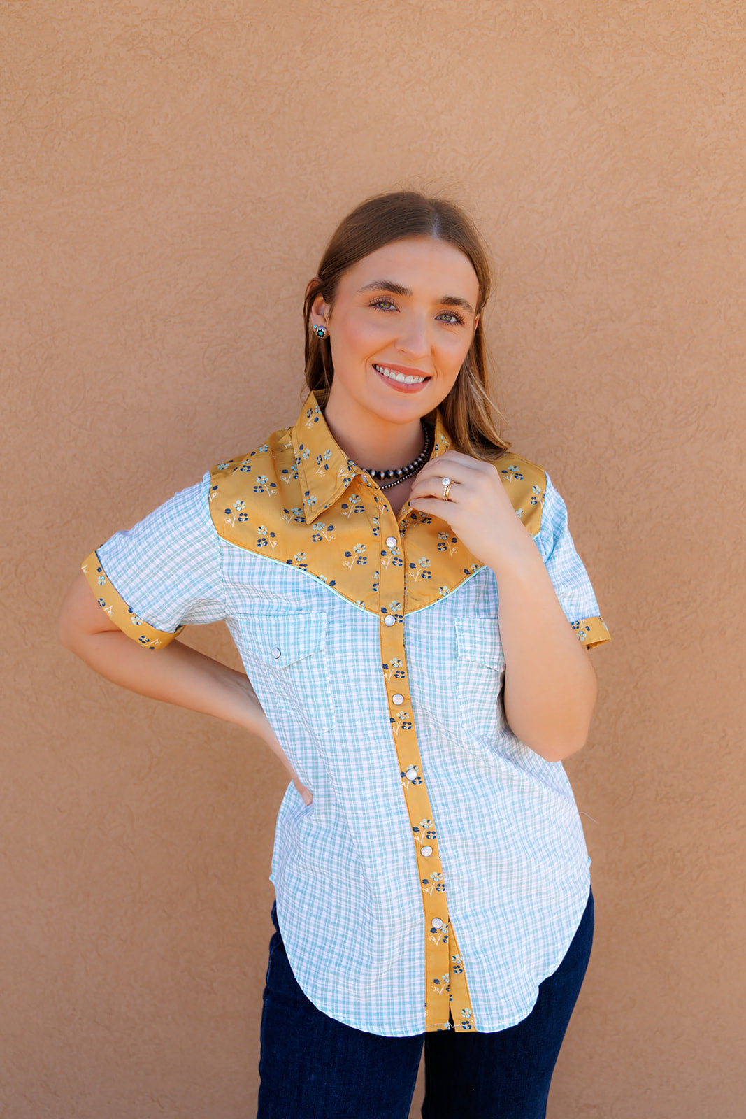 HH2706 MUSTARD FLWRL/MINT GING SHORT SLEEVE