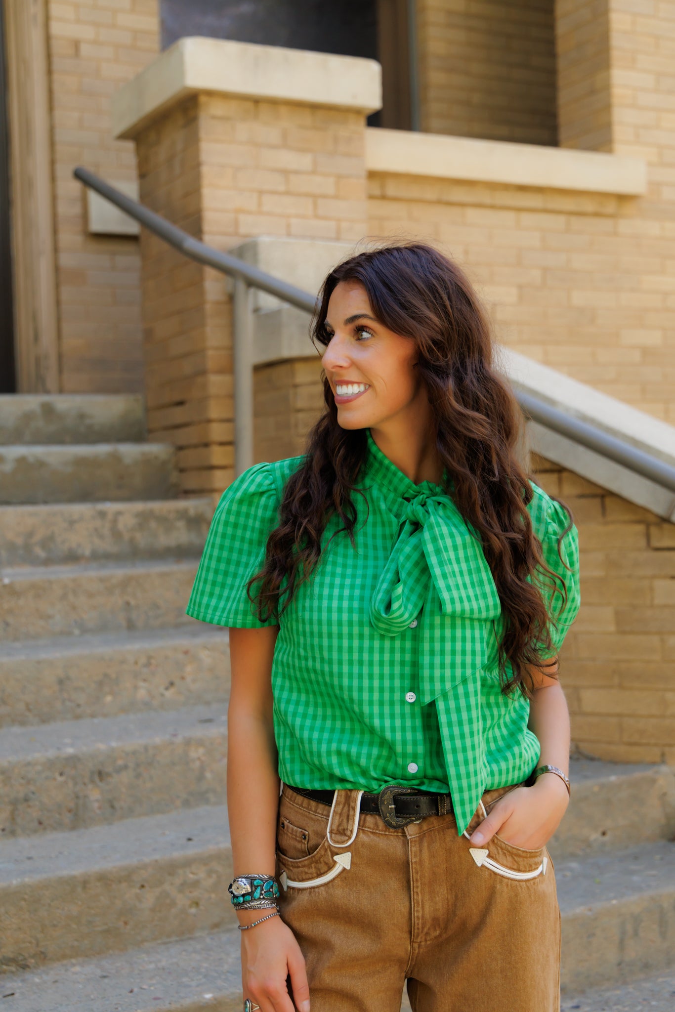 Tie Top,  Green on Green Gingham SS TIE TOP HH2711(Pack of 7)